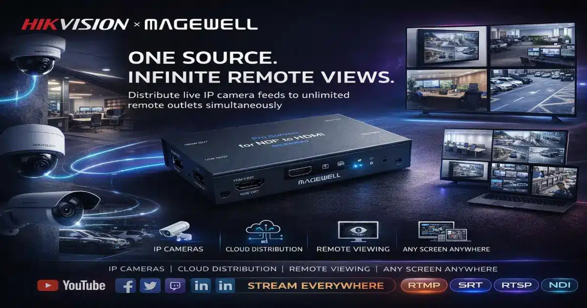 One source infinite remote views — Hikvision IP cameras distributed to multiple remote outlets simultaneously using Magewell Pro Convert IP to HDMI multiviewer and cloud architecture — iView Data Ltd authorised UK supplier