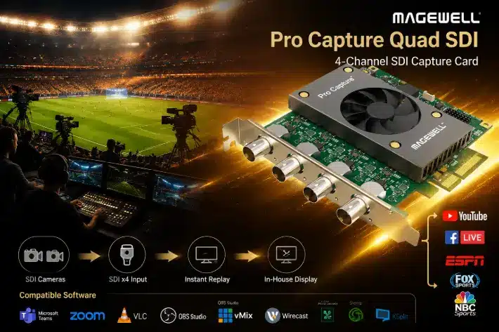 Sports venue live production multi camera SDI capture card PCIe quad stadium broadcast Magewell iView Data